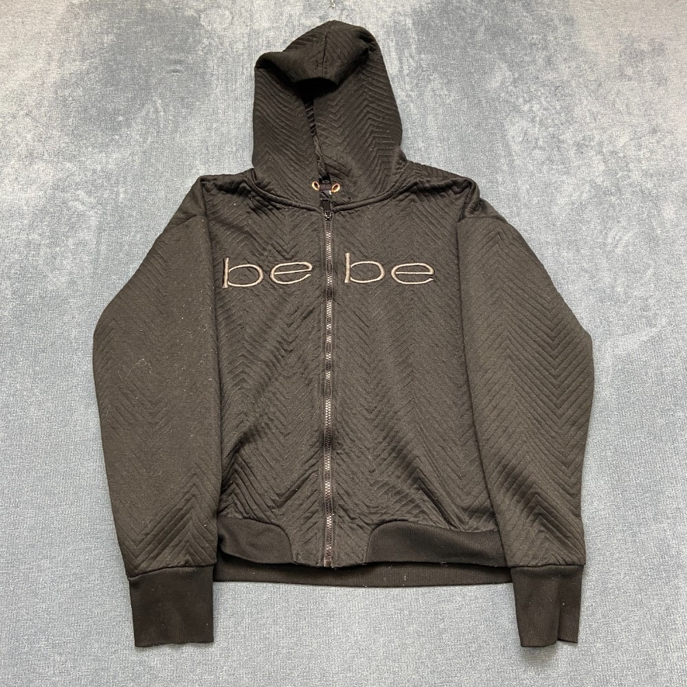 Bebe Sport Hoodie Womens 1X Black Stretch Herringbone Thumbhole Sleeve Full Zip